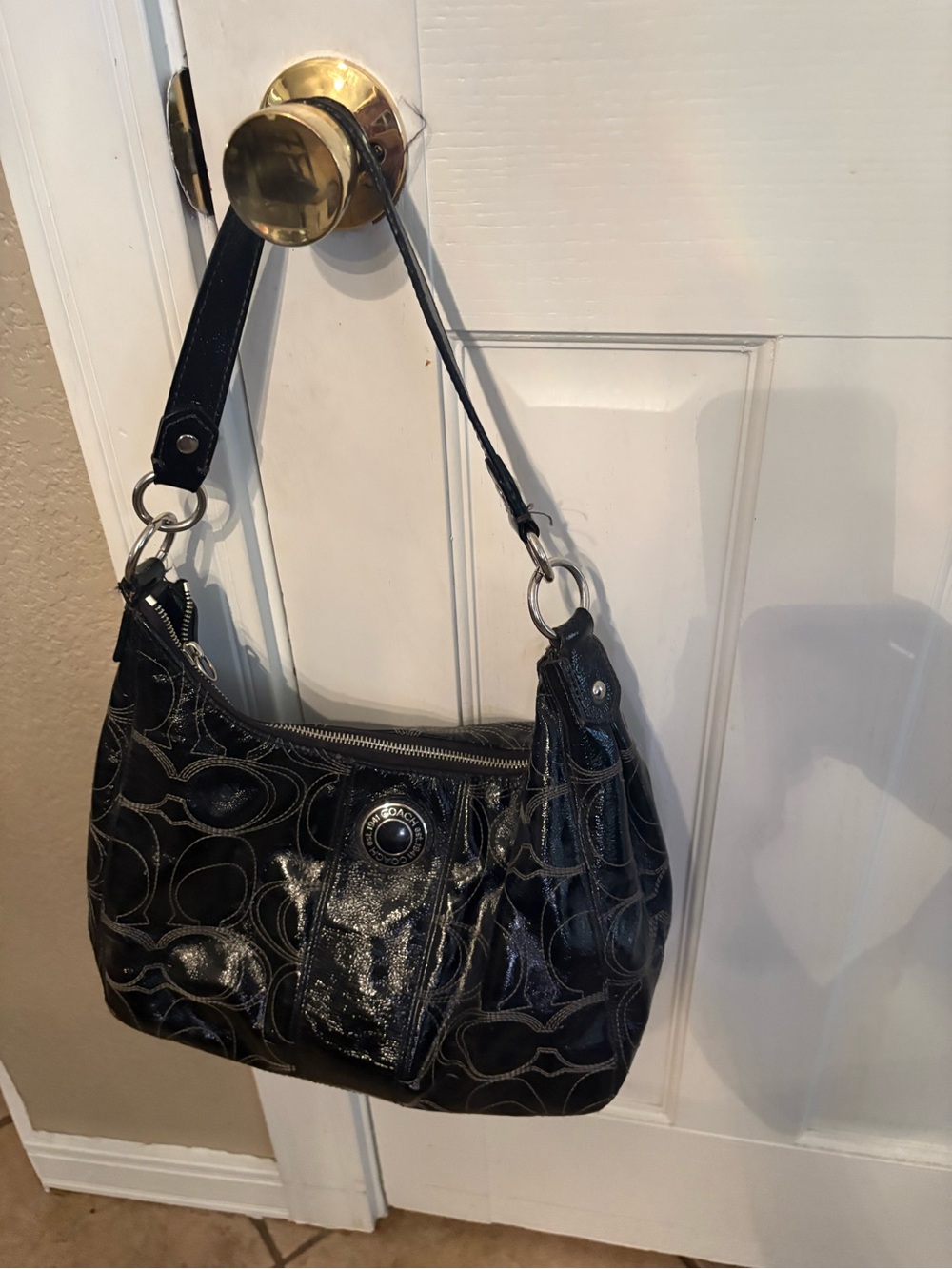 Coach Black Signature Patent Shoulder Bag with Silver Hardware